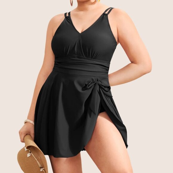 BloomChic Plus Size 2XL Plain Gathered Knot Adjustable Straps Swim Dress size - Picture 1 of 2